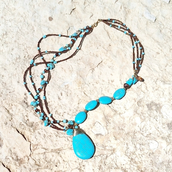 Turquoise Howlite Stone Teardrop Pendant Boho Western Cowgirl Native American - Picture 1 of 5